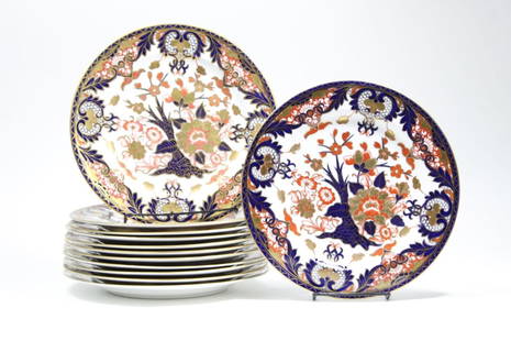 Royal Crown Derby KINGS IMARI Dinner Plates: Set of 12 Royal Crown Derby "Kings Imari" hand painted porcelain dinner plates with gilt details. Marks for 1877 - 1890. All good condition with some expected light gilt wear, etc. 10.25 " diameters.