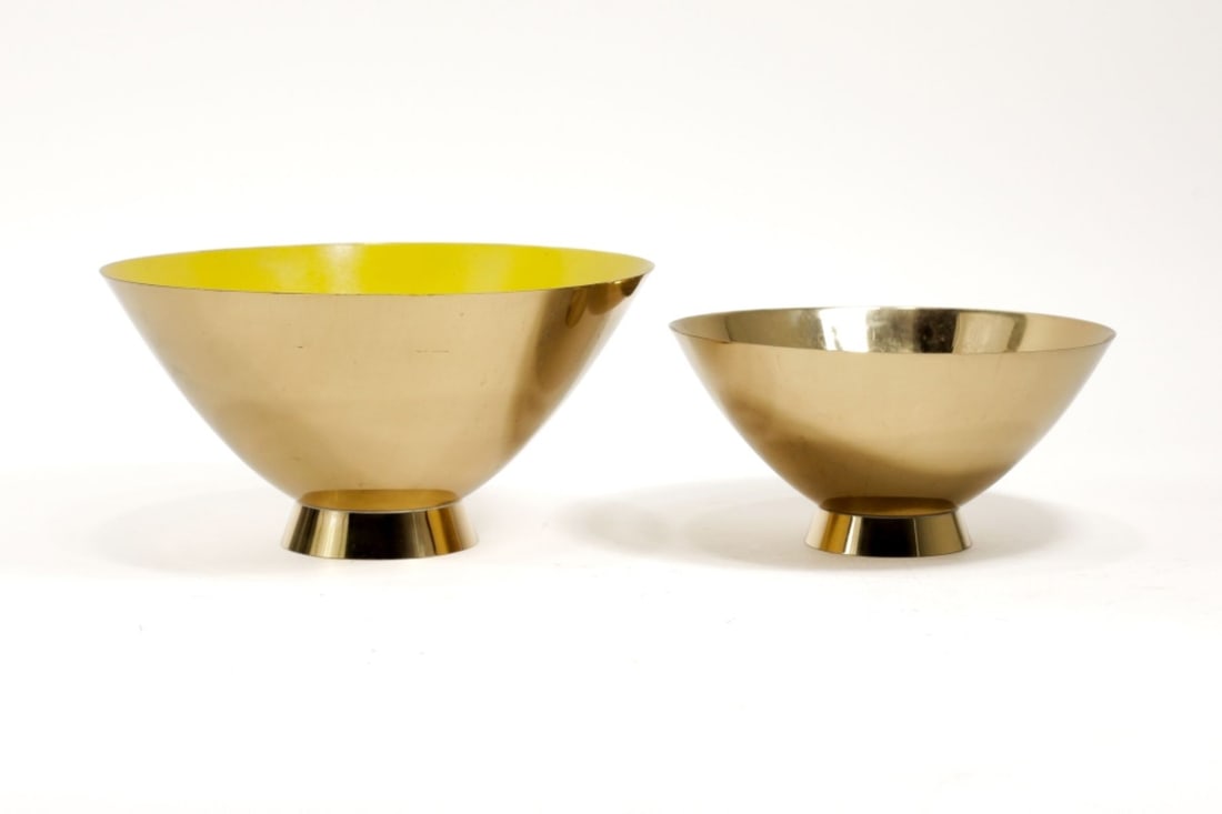 2pc Donald Colflesh for Gorham Brass Bowls: 2pc Donald Colflesh for Gorham "Giftware" Brass Bowls. Includes (1) Large footed brass bowl with yellow enamle interior, L948. Measures 4.5x9". Scattered scratches to interior enamel and some light sc
