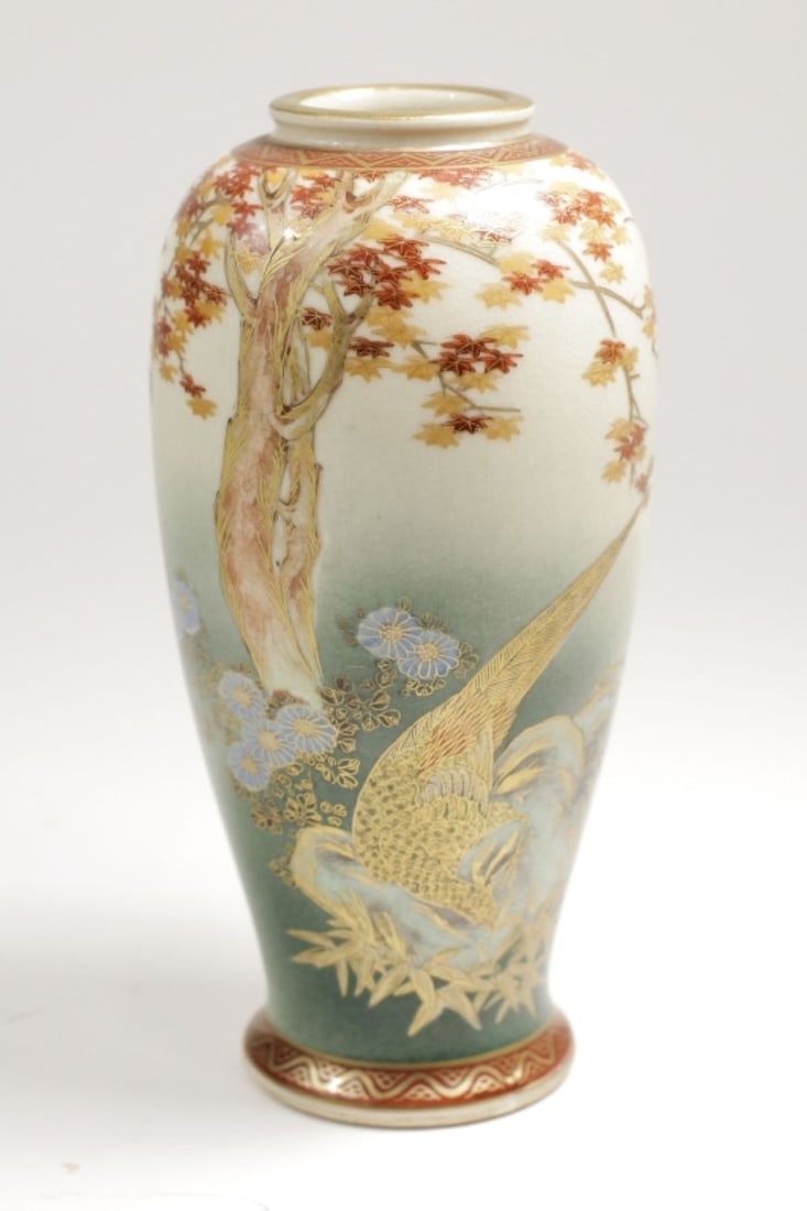 Japanese Satsuma Vase Shozan Maple & Pheasant: Japanese Satsuma Vase signed Shozan with an autumnal Maple Tree & Pheasant scene with chrysanthemums at the base of the tree, late Meiji early taisho period, very little gold wear , excellent conditio