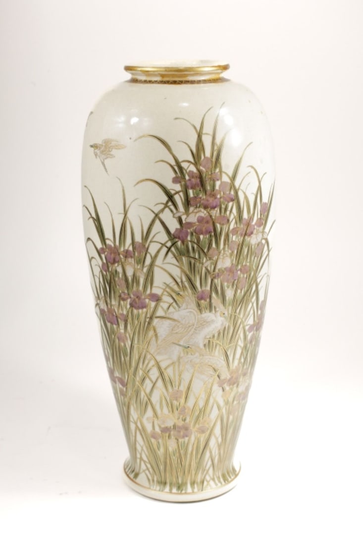 Japanese Satsuma Large Vase Iris Egret signed 12" (1 of 5)