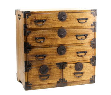 Small Antique Japanese Tansu Chest: Small scale tansu chest with three long drawers over two smaller drawers. Cast iron drawer and side handles and hardware (a few missing small trim pieces). Good aged patina. 23 1/4" H x 22 5/8" W x 13