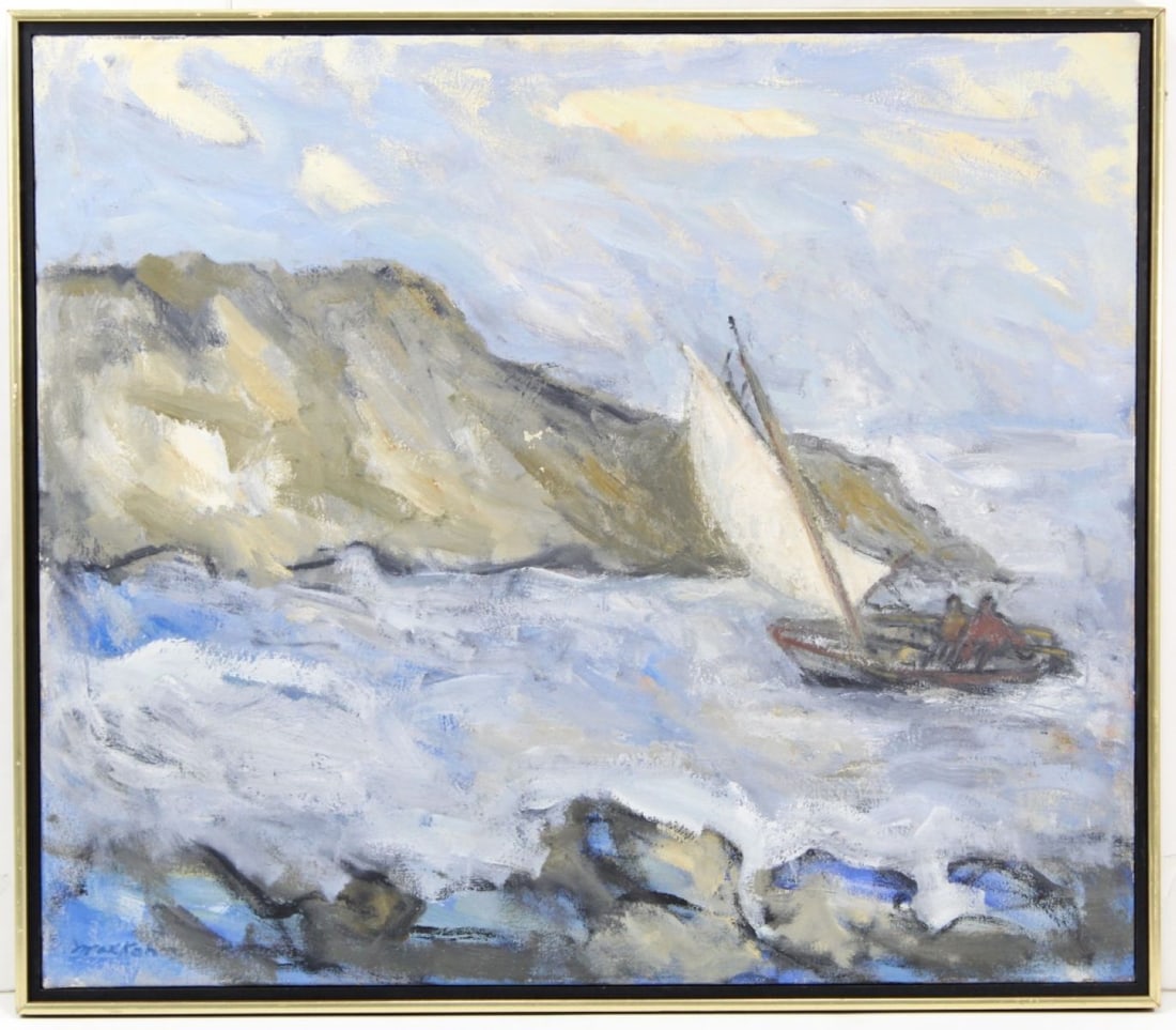 Max Kahn Sailing Scene Oil on Canvas: Max Kahn (1902-2005 Illinois) Sailing Scene Oil on Canvas. Signed lower left. Painting depicts small sailboat amongst rocky coastline. Canvas measures 26x30", framed measurements of 28x32". Good condi