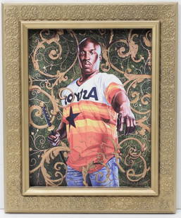 Eric Doeringer "Bootleg Series: Kehinde Wiley": Eric Doeringer (b.1974 California) "Bootleg Series: Kehinde Wiley" Mixed Media Artwork, 2006. Artist label on verso. Measures 11x9". Giclee on canvas with gold marker, plastic decorative frame. Excell