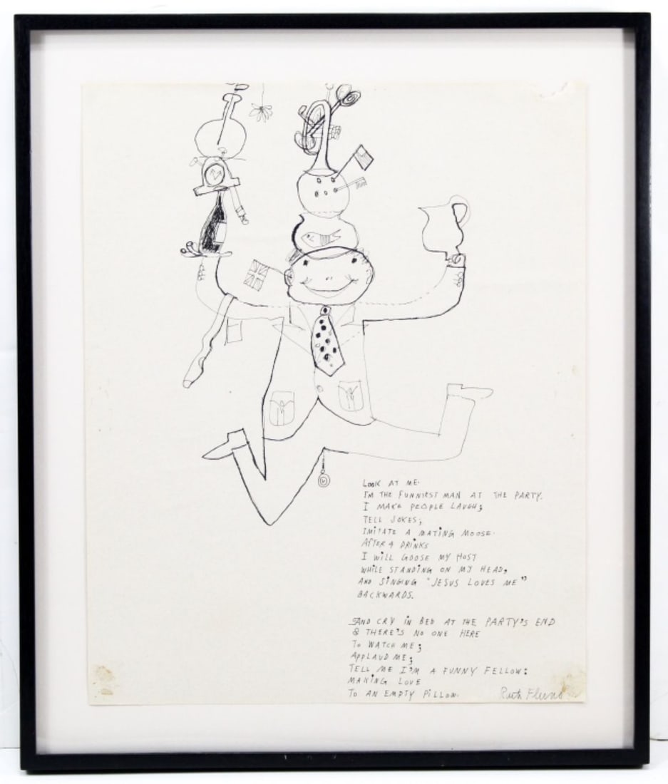 Ruth Fluno (WA) "The Funniest Man At The Party": Ruth Fluno (1927-1974 Washington) "The Funniest Man At The Party" Ink Drawing. Signed lower right. Drawing reads "Look at me. I'm the funniest man at the party. I make people laugh; tell jokes; imitat