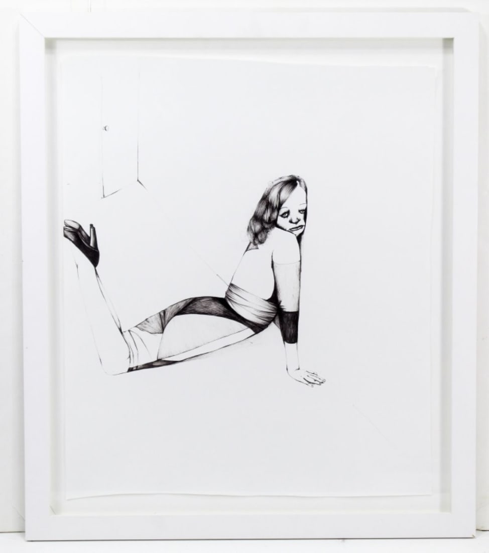 Erica Eyres "Ella" Ink Drawing, 2007: Erica Eyres (b.1980 Canada) "Ella" Ink Drawing, 2007. From the exhibition "Shut Up, Shut Up, Shut Up, Shut Up" (Nov 2007) at fette's gallery, Los Angeles. Drawing measures 24x20.5", overall framed dim