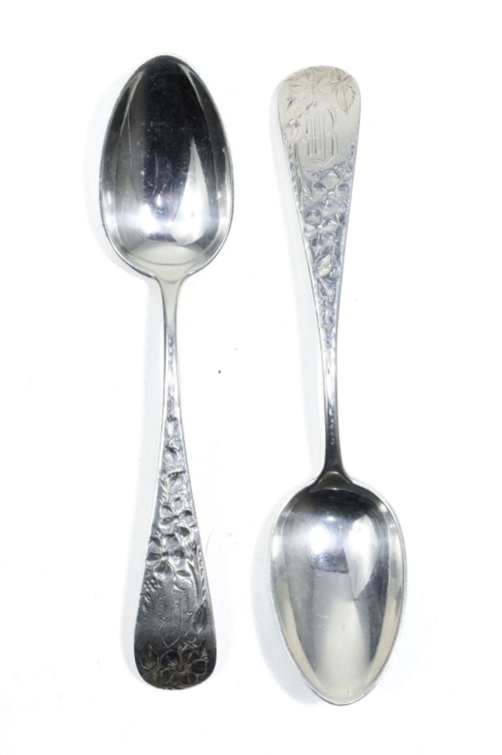 George Sharp Philadelphia Sterling Silver Spoons: Pair circa 1860's/ 70's spoons with matching bright cut floral decorations and B monograms. Stamped GEORGE SHARP along with Lion S Lion hallmarks. Sharp (1819-1904) was active in Philadelphia 1844-187
