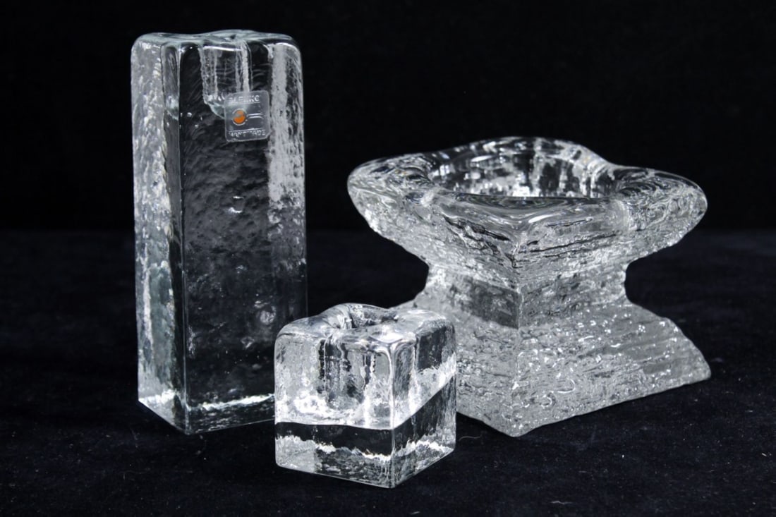 Group 3 BLENKO Cast Glass Candleholders: Group 3 BLENKO Cast Glass Candleholders. Includes (1) Pillar Candle Pedestal- 3.5x4.5" and holds 2.75" diameter pillar candle (2) Tall cube Candleholder- 6x2" and holds 0.75" diameter candle (3) Small