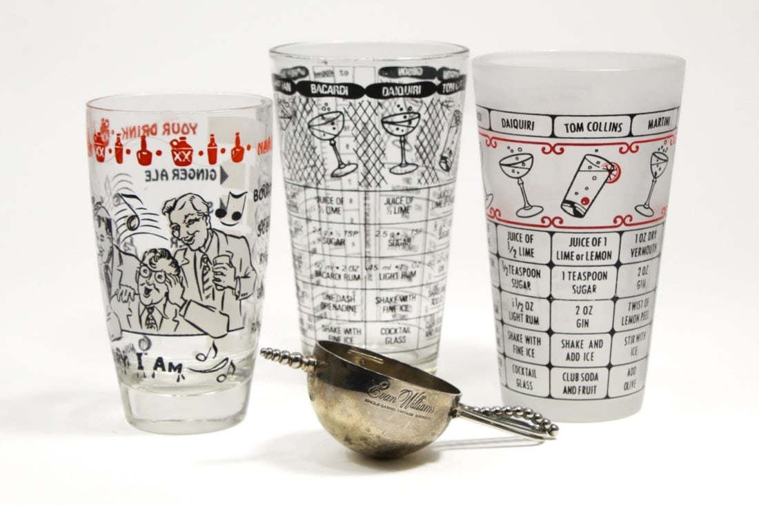 Group of 4 Vintage Barware Jigger & Glasses: Group of 4 Vintage Barware Items. Includes Napier Evan Williams "Rollo-Over"Jigger and 3pc Midcentury Glass Cocktail Shakers with recipes printed on sides (2 are 6" tall and approx pint size, one 5.25