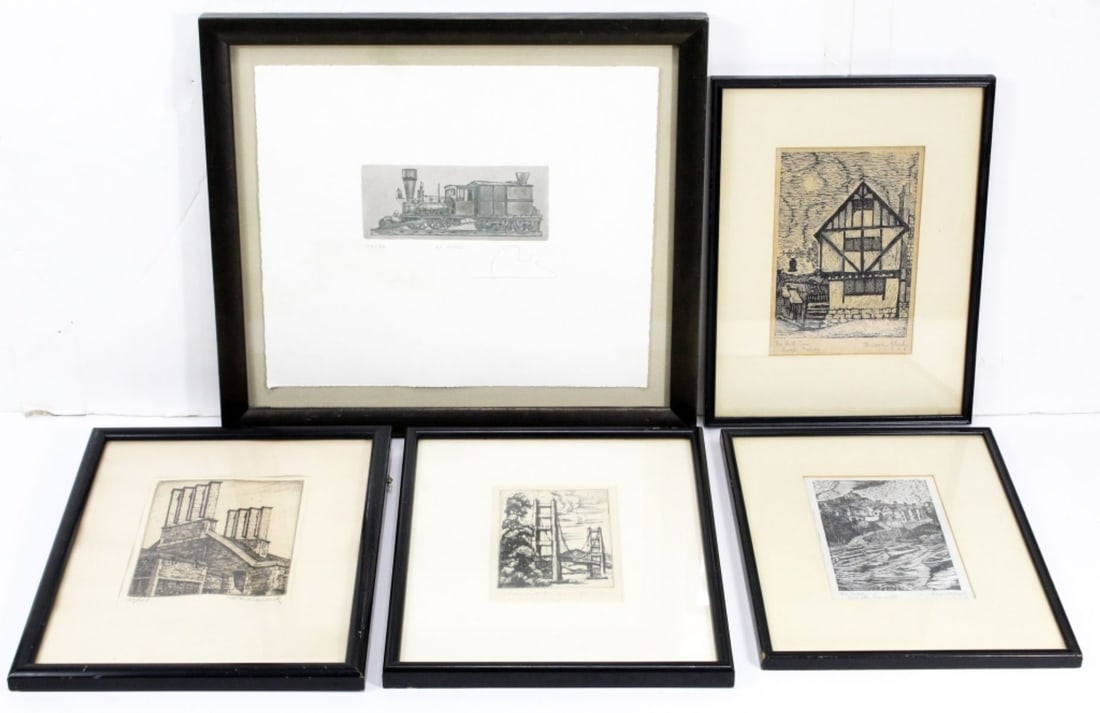 Group of 5 Etchings and Woodcut Prints Framed (1 of 7)