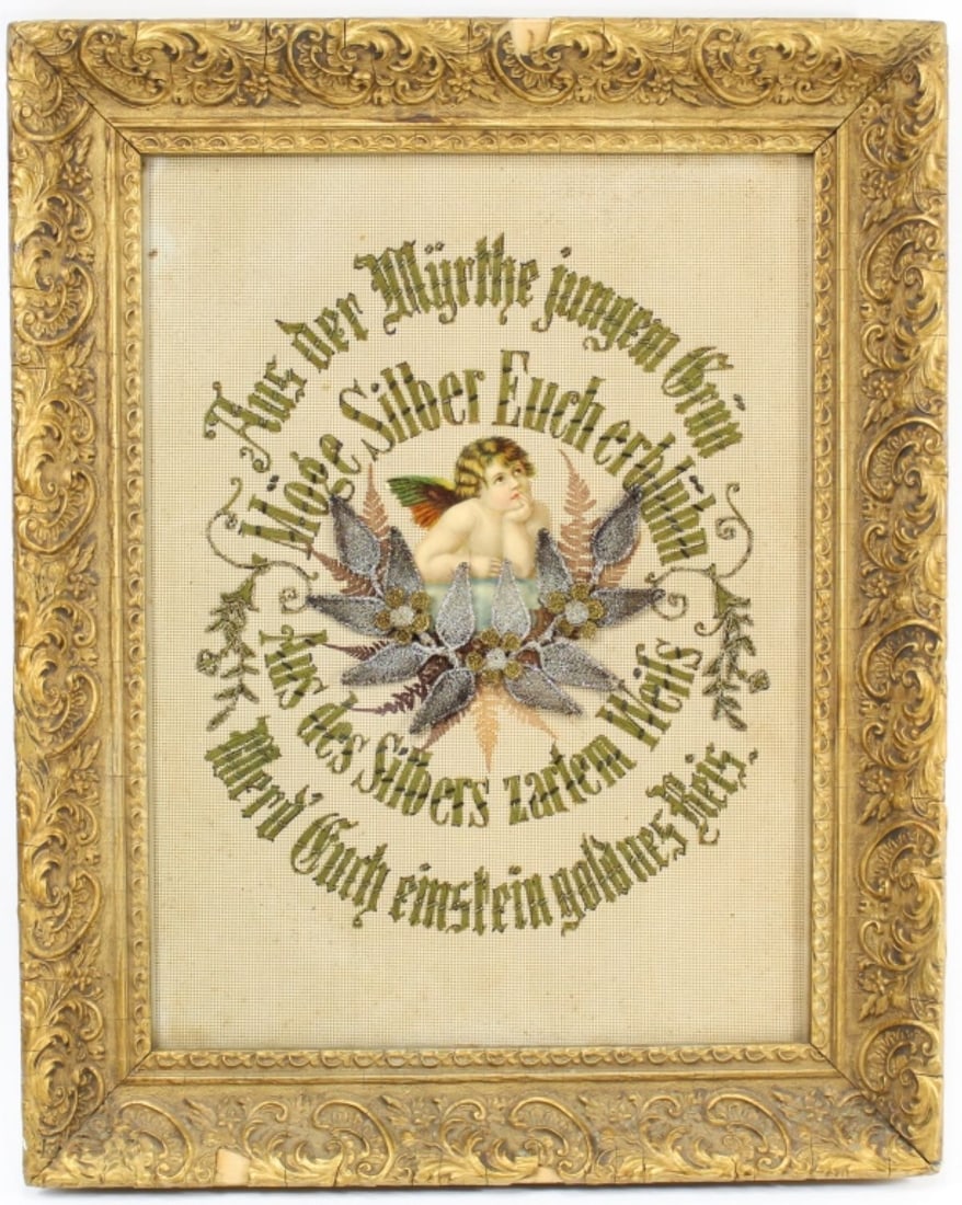 Antique German Embroidery in Frame circa 1900: Antique German Embroidery in Frame. Circa 1900. German saying "Aus der Myrte jungen Grün möge Silber Euch erblühn Aus des silbers zarten weifs merd eucheinstein goldnes Reis". Leaves, cherub lithog