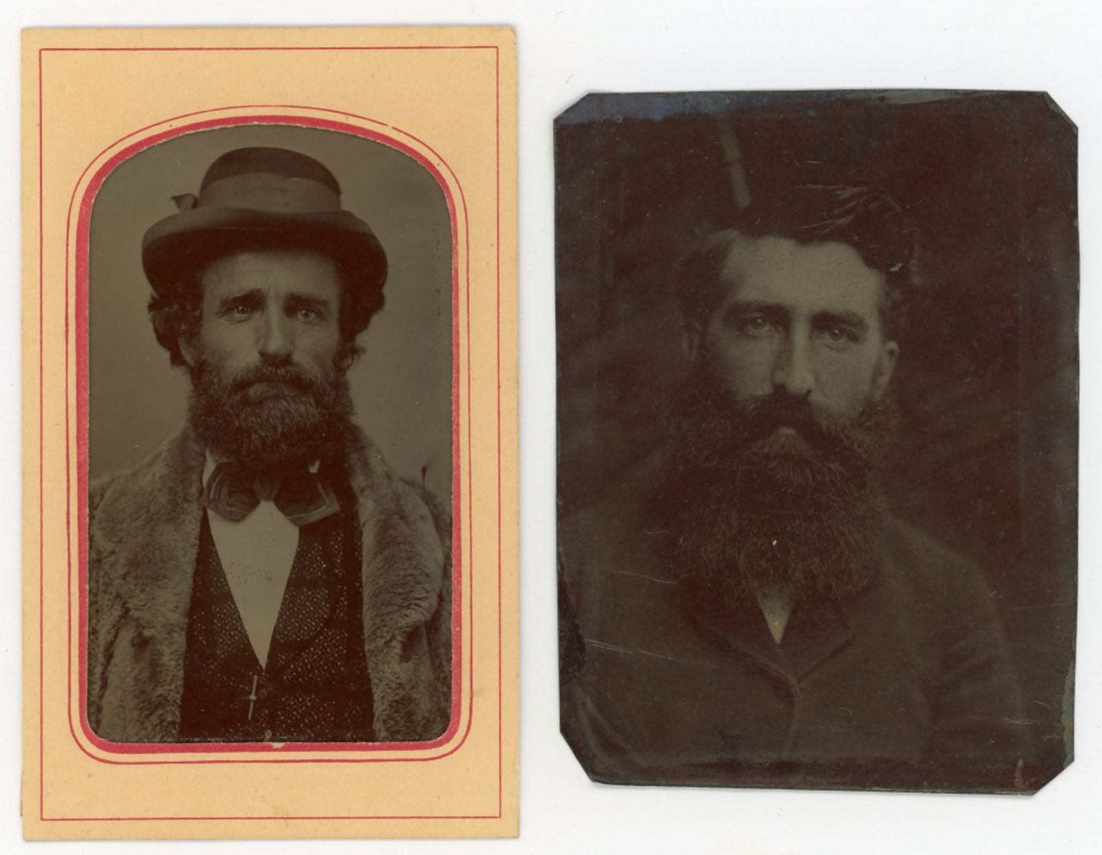 Two Antique Tintype Photographs of Bearded Men: Two close up portrait tintypes of men with beards; one with original paper frame. Good condition. 3 3/8" x 2 1/2" and 4" x 2 3/8" approx.