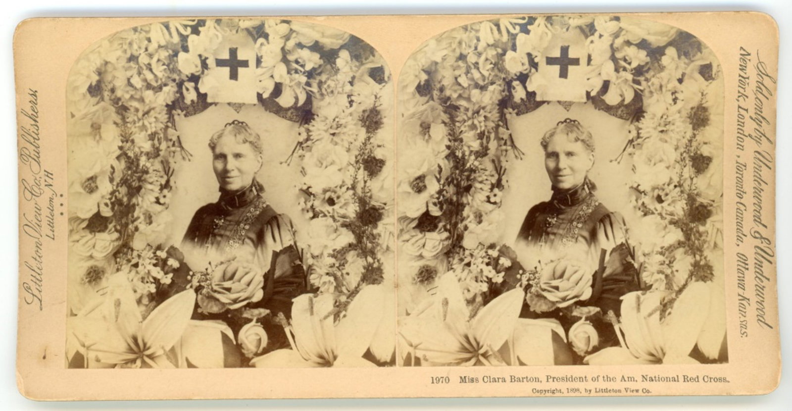 Clara Barton Red Cross Stereoscope Card, 1898: Clara Barton Red Cross Stereoscope Card, 1898. Littleton View Co, Underwood and Underwood, image #1970. Measures 7x4". Clear image, some light edge wear. Good condition.