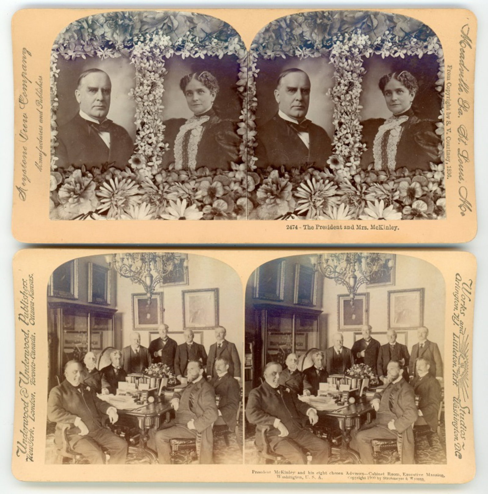 2 William McKinley Stereoscope Cards, circa 1900: 2 William McKinley Stereoscope Cards. Includes (1) Underwood and Underwood William McKinley meeting with 8 chosen Advisor at the cabinet room in DC, copyright 1900 by Strohmeyer & Wyman. (2) Keystone