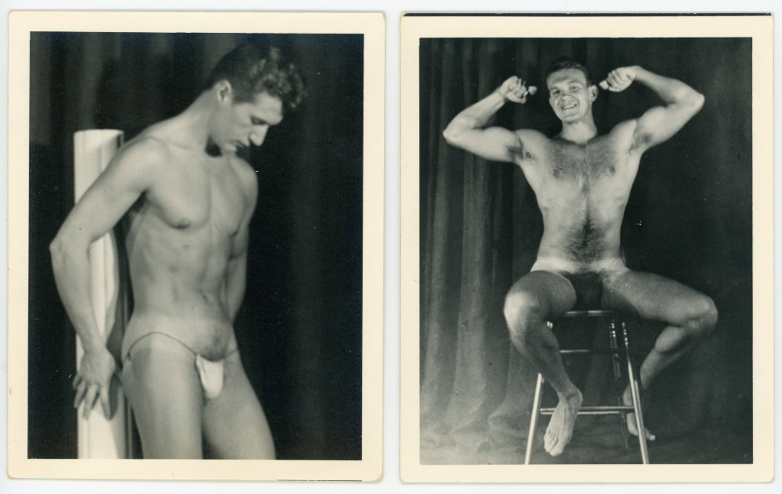 Kris Studio Male Physique Photographs: Two vintage original 4" x 5" Chuck Renslow / Kris Studio photographs. (1) Model posed with back against column. Unstamped. Soft focus image on double weight textured paper. (2) Model posed sitting on 