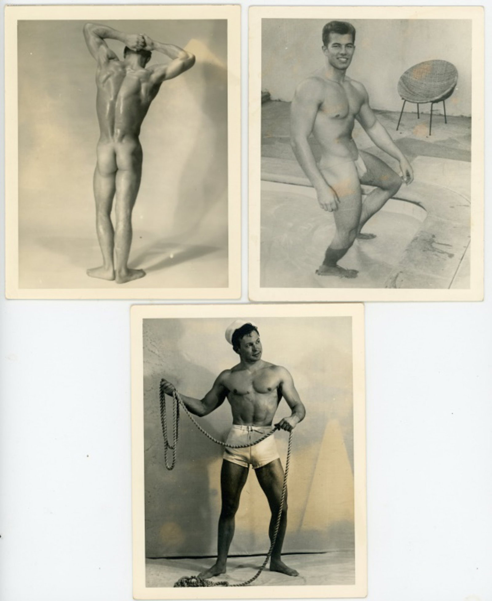 Kris Studio Male Physique Photographs: Three vintage original 4" x 5" Chuck Renslow / Kris Studio photographs with various developing flaws. One stamped "We thought you might be able to use this photo which, due to a minor imperfection, fe