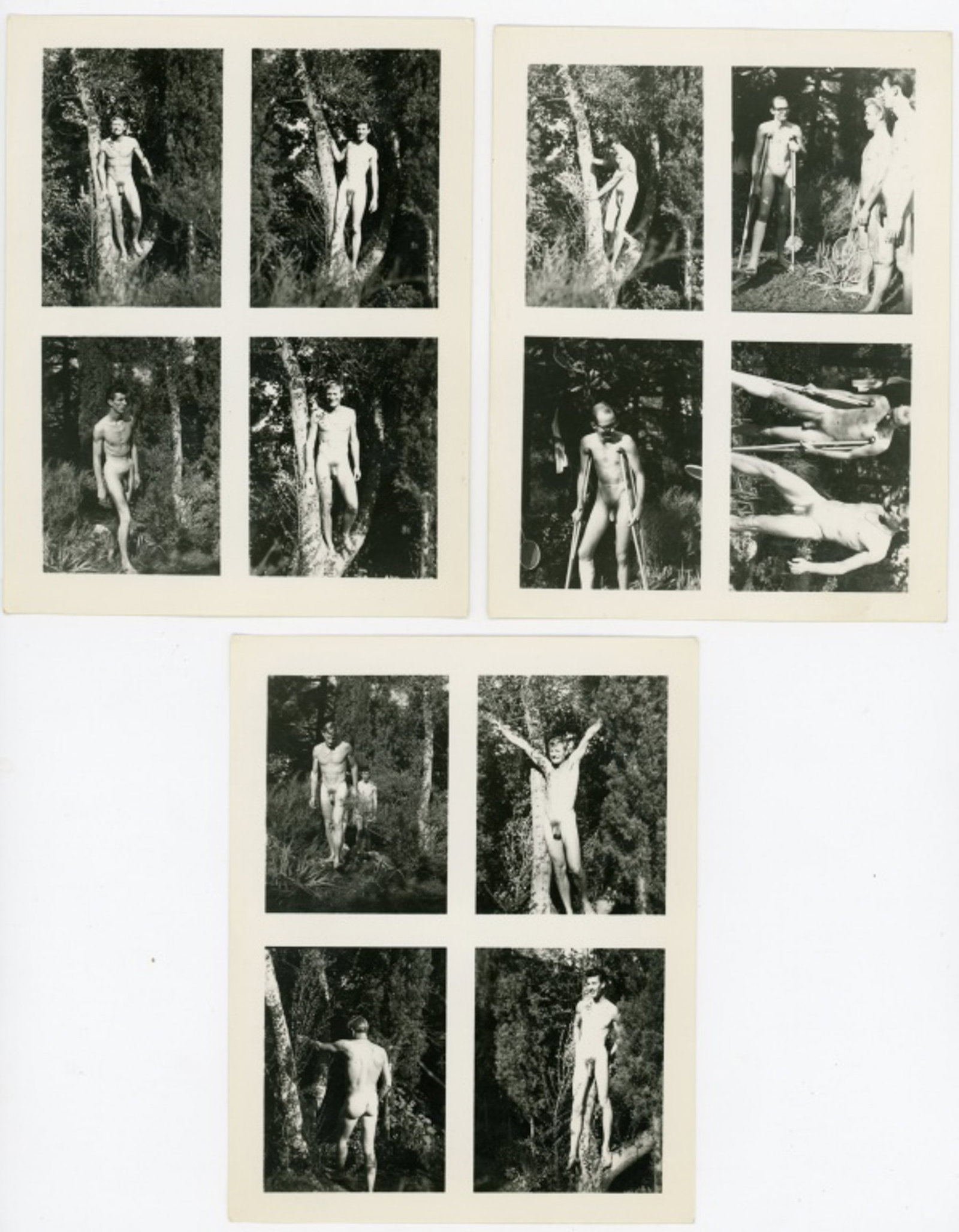 Vintage Male Physique Beefcake Photographs: Set of 3 vintage original photographs (each with 4 images) depicting a group of nude men posed in a wooded location; one man with leg cast and crutches. Clear sharp images on gloss paper. Mid 20th C. 