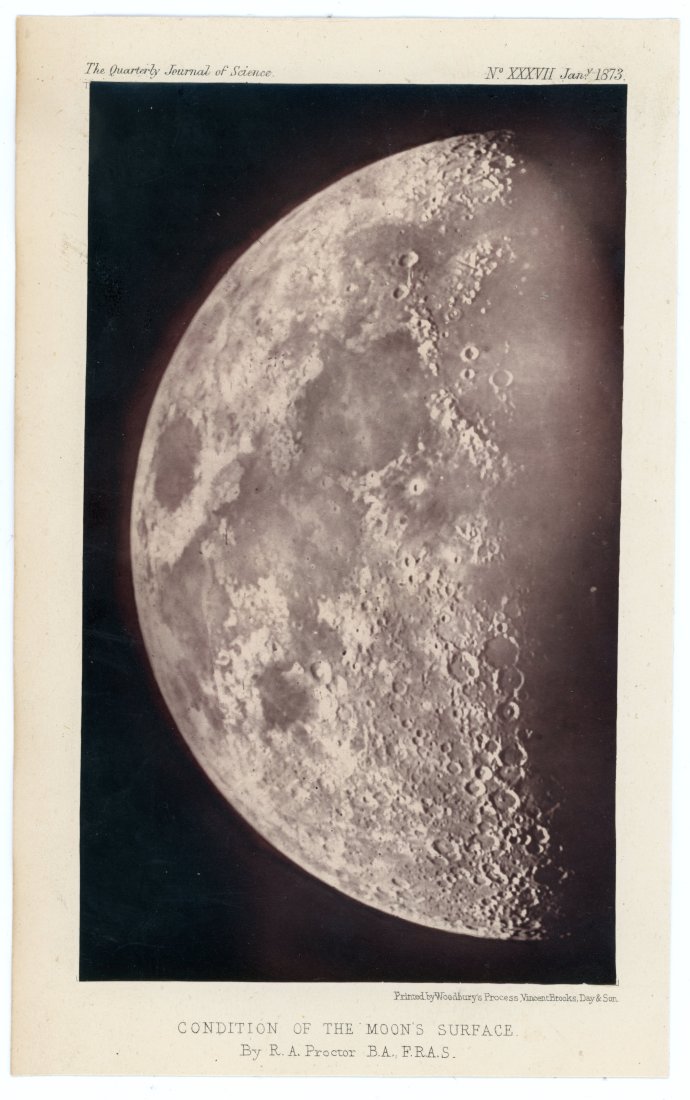 1873 Woodburytype Photographic Print of the Moon: "Condition of the Moon's Surface" mounted Woodburytype print taken from The Quarterly Journal of Science, No. XXXVII Jan. 1873. Good condition. Image 6 3/4" x 4". Mount 7 7/8" x 5".