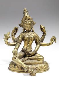 Tibetan Bronze Seated Goddess Namgyalma: Tibetan Bronze Seated Goddess Namgyalma . 6 Armed goddess hold ritual objects in 5 Hands , on lotus throne, , copper base signed. Namgyälma is a deity for long life and purification. Typical wear and