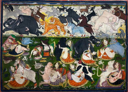 Kotah School Indian "Genesis" Miniature Painting: Indian "Genesis" Miniature Painting, Kotah School, 19th century. Watercolor, gouache, ink, and gold on paper. Large image depicting numerous copulating couples of animals and humans. Sheet measures 10