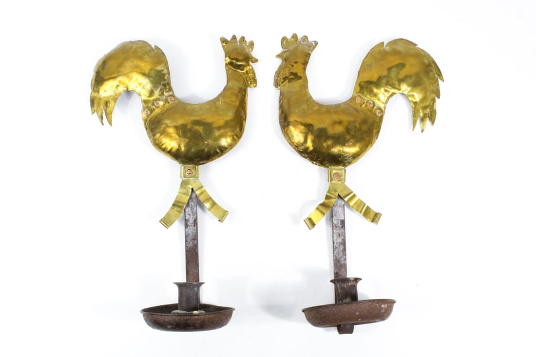 Antique Brass Rooster Wall Scone Candle Holders (1 of 4)