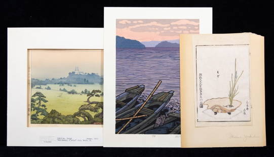 3 Japanese Woodblock Prints: 3 Japanese Woodblock Prints. Includes (1) Toshi Yoshida "Shirsagi Castle", 1911- 8x10.5" sheet. (2) Katsuyuki Nishijima "Asahi", 1999- 13x10" sheet (3) Woodblock print of Ikeban- 8.5x5.25" sheet. All