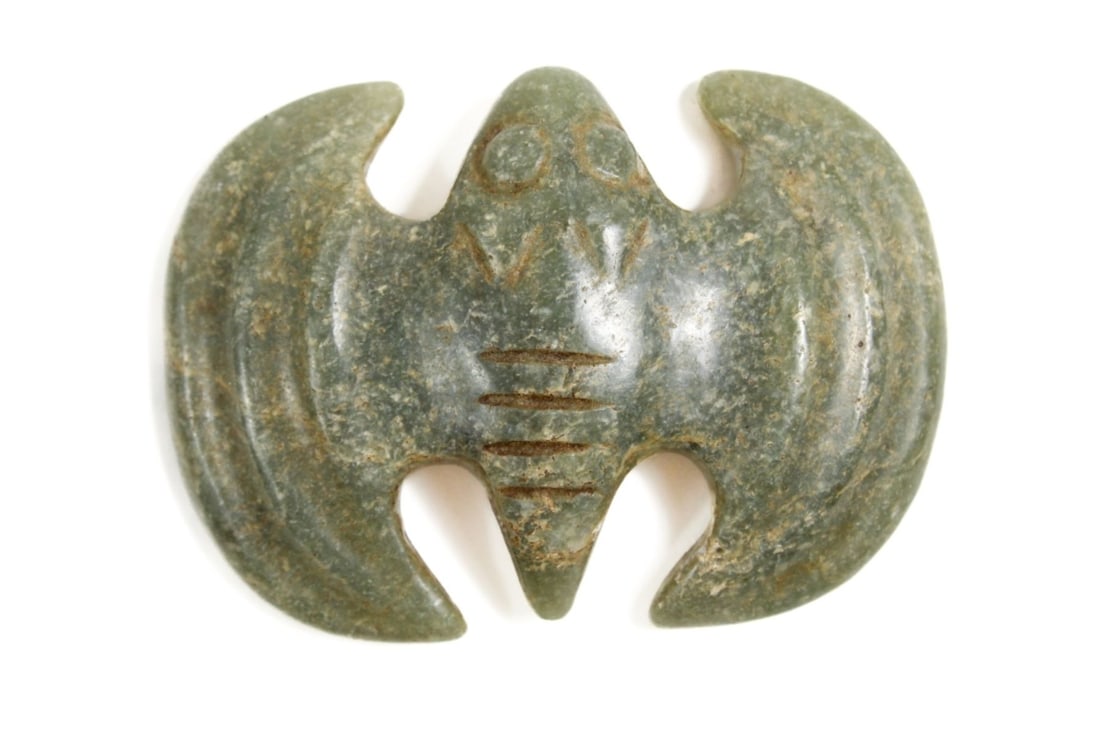 Chinese Green Jade Bat Pendant: Chinese dark Green Jade Bat Pendant with brown dot inclusions, 2.25" X 1.75" , From the estate of Robert Goodwin , Colgate university professor, longtime collector and central New York Antique Dealer,