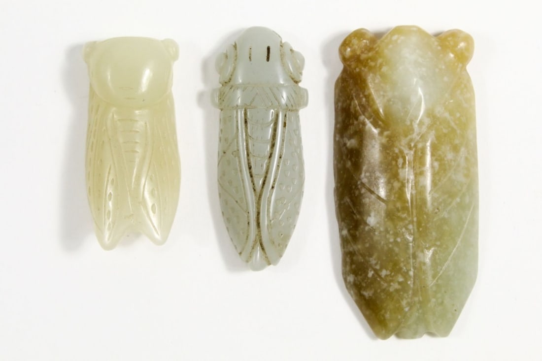 3 Chinese Green Jade Carved Cicadas: 3 Chinese Green Jade Carved Cicadas largest 2.25 " length , From the estate of Robert Goodwin , Colgate university professor, longtime collector and central New York Antique Dealer,