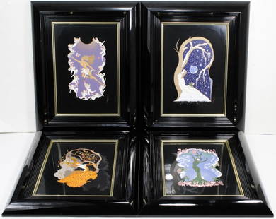 Erte "Four Seasons Suite" Porcelain Plaques: Set of 4 Erte "Four Seasons Suite" Porcelain Plaques. Serigraph with Enamel and 22k Gold Leaf. Dated 1988. Edition 239/450. Plaques measure 14x9" and are framed in glossy black frames with overall mea