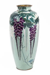 Hayashi Hachizaemon Japanese Cloisonne Vase 19th: Hayashi Hachizaemon Japanese Cloisonne Vase from the late Meiji period, Overall decoration of a purple and white wisteria flowering vine on a seafoam green ground . Probable field restoration at botto