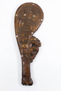 Maori Carved Wood Wahaika Ceremonial Club MOP: Oceanic Maori carved wood Wahaika Ceremonial Club with inlaid Mother of pearl . Mask at base, with figural and geometric designs carved in . c early 20th c Light wear nice patina excellent condition ,