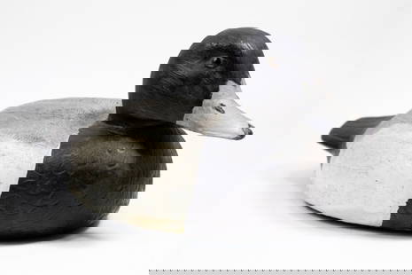 Bluebill Drake Duck Decoy George Chuley New York: Bluebill Drake Duck Decoy signed George Chuley Seneca Falls New York, Finely carved howing feathers Rigged as a working decoy, glass eyes, Slight paint wear, 13.75" long bill to tip of tail, From the