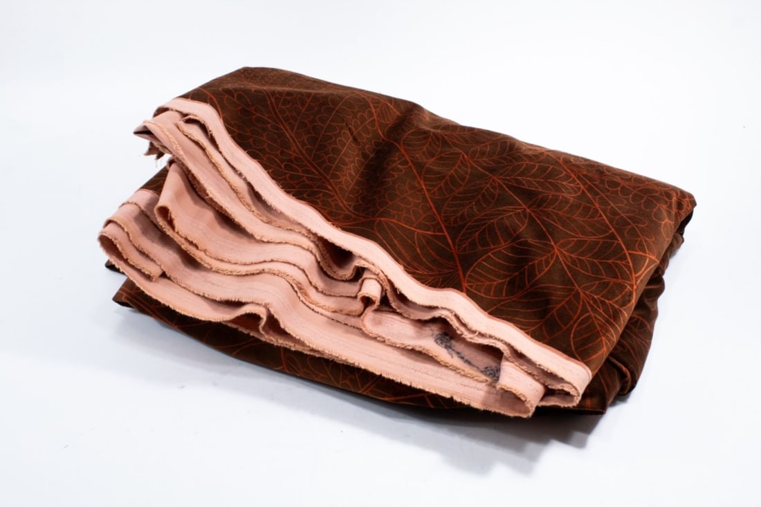 Larsen "MATISSE" Velvet Fabric 8 Yards: Jack Lerner Larsen designed brown velvet fabric with orange designs inspired by Matisse. Printed along edge: LARSEN A LARSEN SCREEN PRINT COPYRIGHT. Excellent condition. 8 yards approx. 55" width app