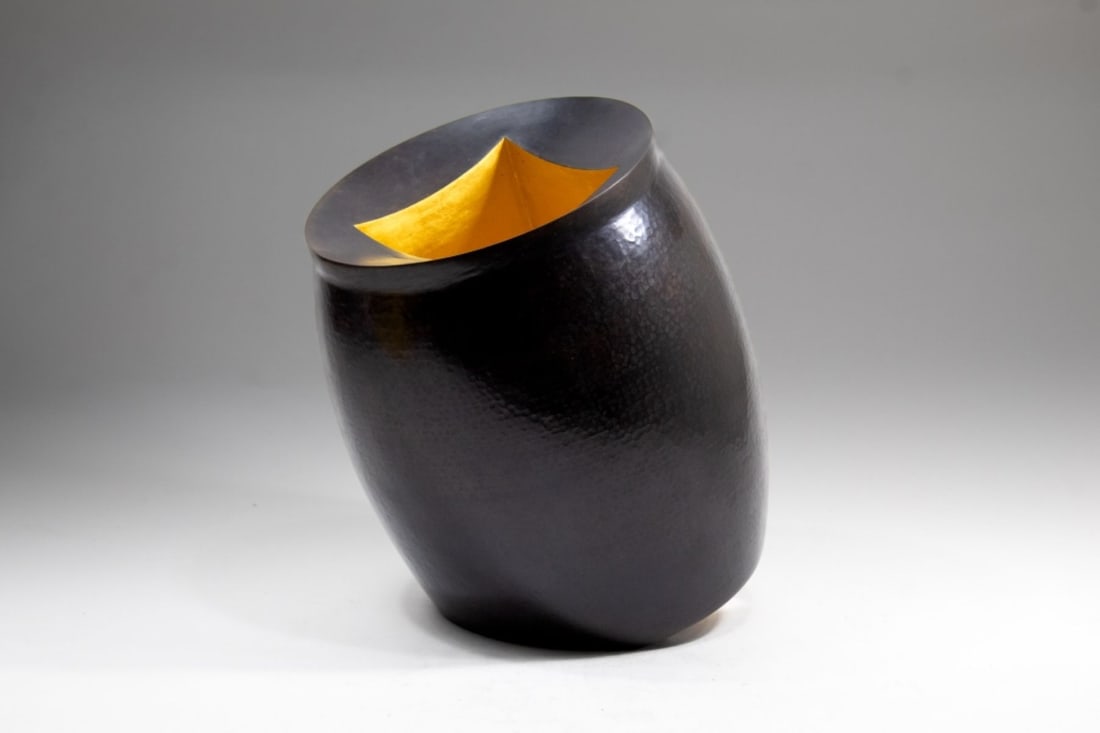 Herve Wahlen "Carre D'or" Copper Sculpture, 1995: Herve Wahlen (b.1957 France) "Carre D'or" (Squared Gold) Patinated Hammered Copper and Applied Gold Sculpture, 1995. Stamped "Whalen 95" at side near base. Measures approx 13" high and 11" wide. Excel