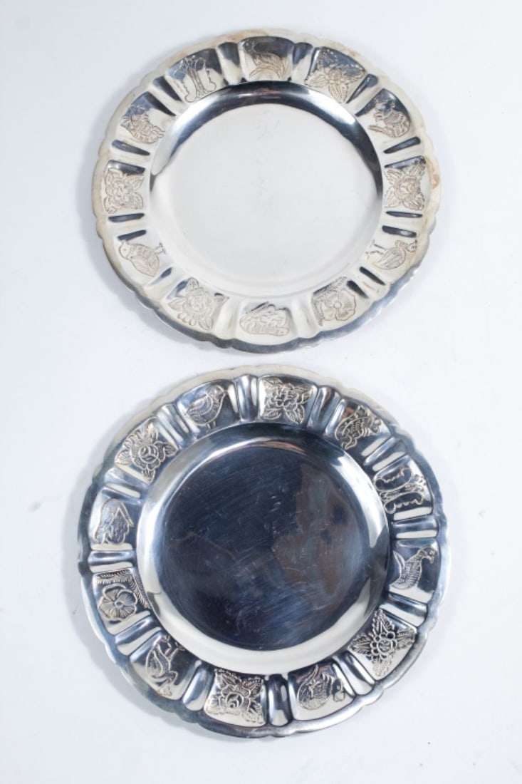 Pair MACIEL Mexican Silver Aztec Rose Plates (1 of 6)
