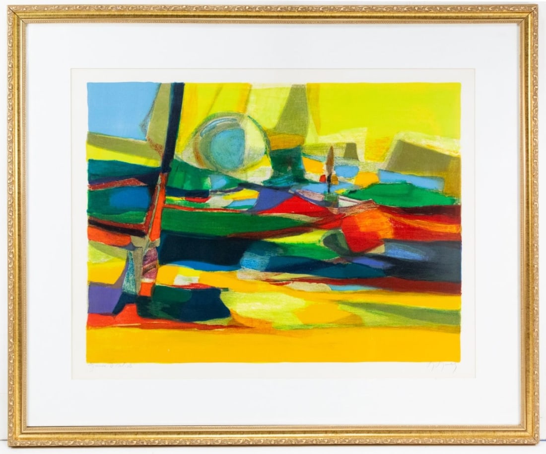 Signed Marcel Mouly "Paysage Vert" Framed Litho: Signed framed lithograph by Marcel Mouly, French (1918-2008) entitled "Paysage Vert". Ornate gilt frame with white mat, signed at the bottom right. Lithograph appears to be in very good condition, une