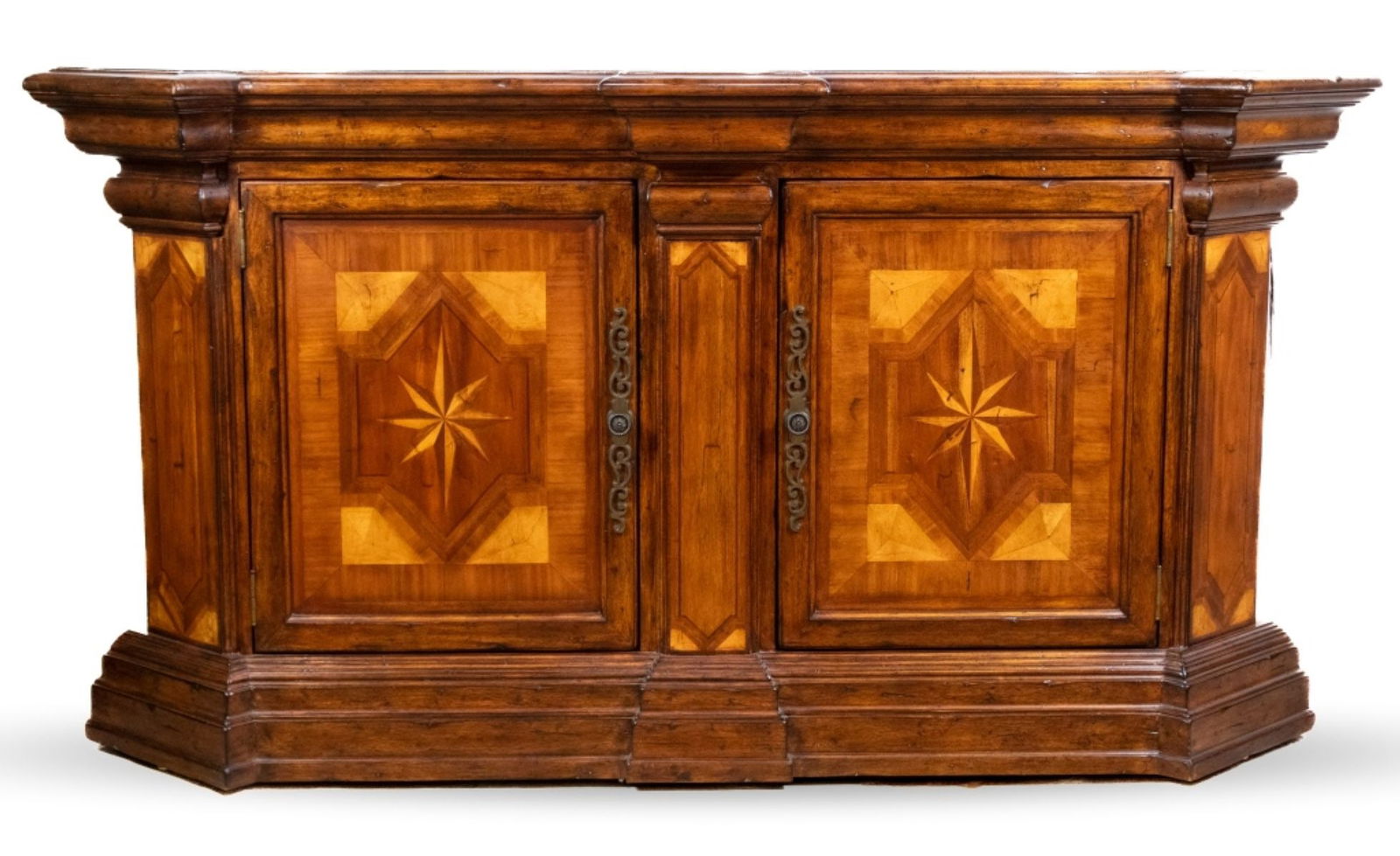 Marquetry Sideboard Cabinet by Artistica Home: Italian Renaissance style hand constructed double door cabinet by Artistica Home. Top, doors, and sides with marquetry veneer designs. Brass hardware. Includes two interior shelves (not shown). Excell