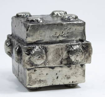 Brutalist Metal Wrapped Cube Sculpture: Brutalist Metal Wrapped Cube Sculpture. Unsigned, in the manner of Don Drumm. Non-ferous metal wrapping with brass nails, possibly thin sterling. Measures 3.75x3.75x3.75".