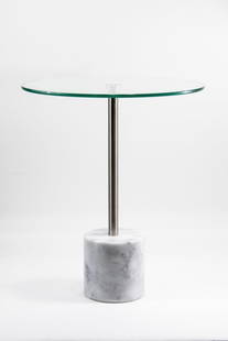 Marble Pedestal Base Glass Top Side Table: Marble Pedestal Base Glass Top Side Table in the style of Francesco Rota's 'Jey' Side Table. White marble base, steel support and glass top. Measures 21" tall and 17.5" in diameter. Very good conditio
