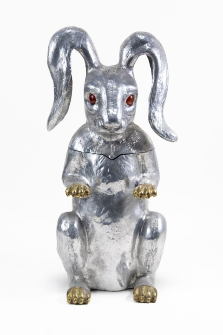 Arthur Court Rabbit Wine Cooler Ice Bucket 1986: Solid cast alumium rabbit form wine holder / ice bucket with hinged head lid, brass paws, and glass eyes. Marked and dated 1986 to bottom. Excellent condition. 18.75".