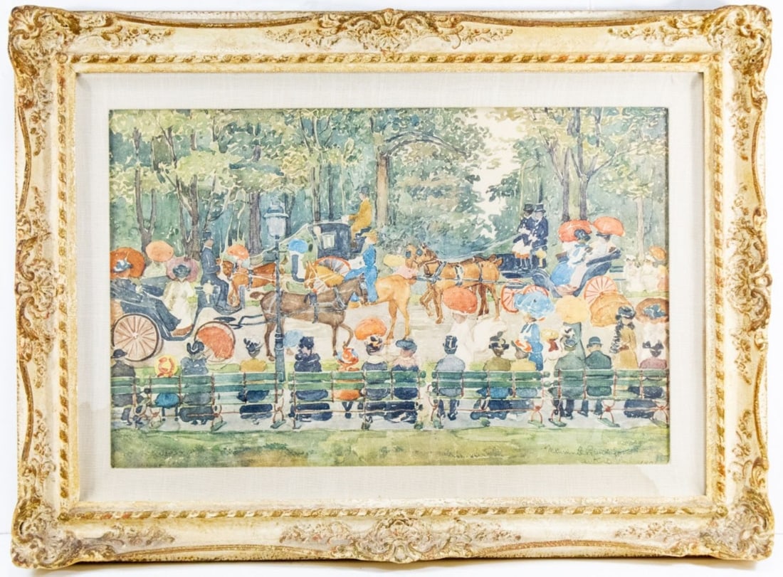 Maurice Prendergast 'Central Park' Vintage Print: Printer's mark lower left corner and printed signature, title, and date lower right. Appears in good condition; not examined out of vintage mid century gesso and gilt frame (linen liner with some wate