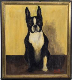 Vintage Boston Terrier Dog Oil on Canvas Painting
