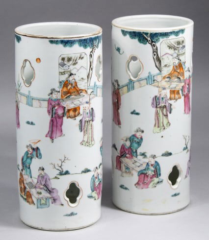 Pair Antique Chinese Famille Rose Hat Stands (1 of 8)