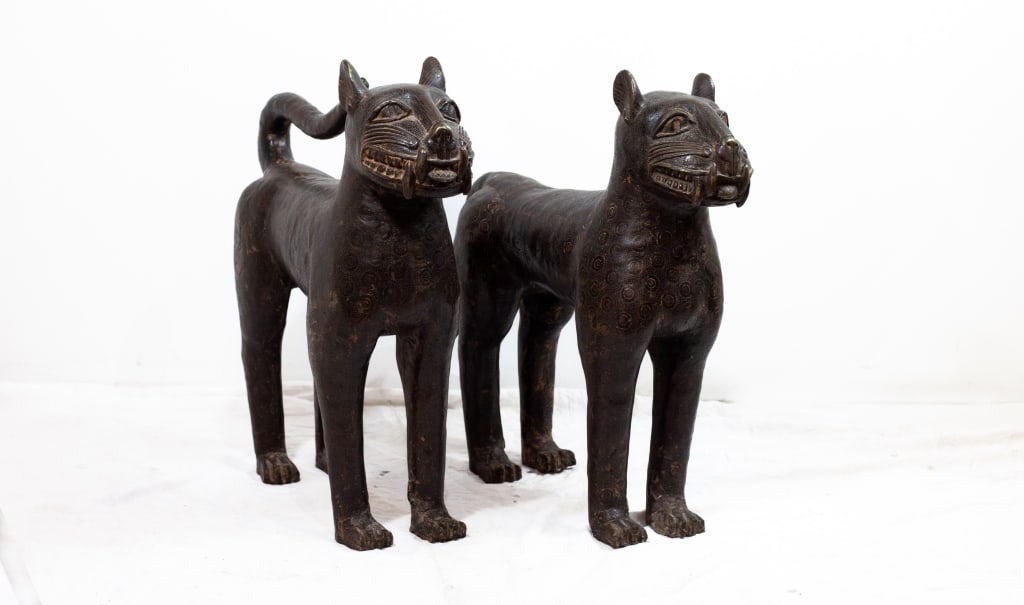 Pair Large Benin Bronze Leopard Sculptures (1 of 9)