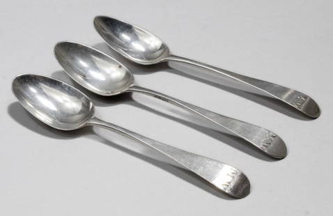 Hester Bateman Sterling Silver Spoons 1786: Set of 3 Hester Bateman small teaspoons / coffee spoons with engraved MW monograms. Script HB and London 1786 hallmarks to handle undersides. All good condition; one spoon with small ding to bowl side