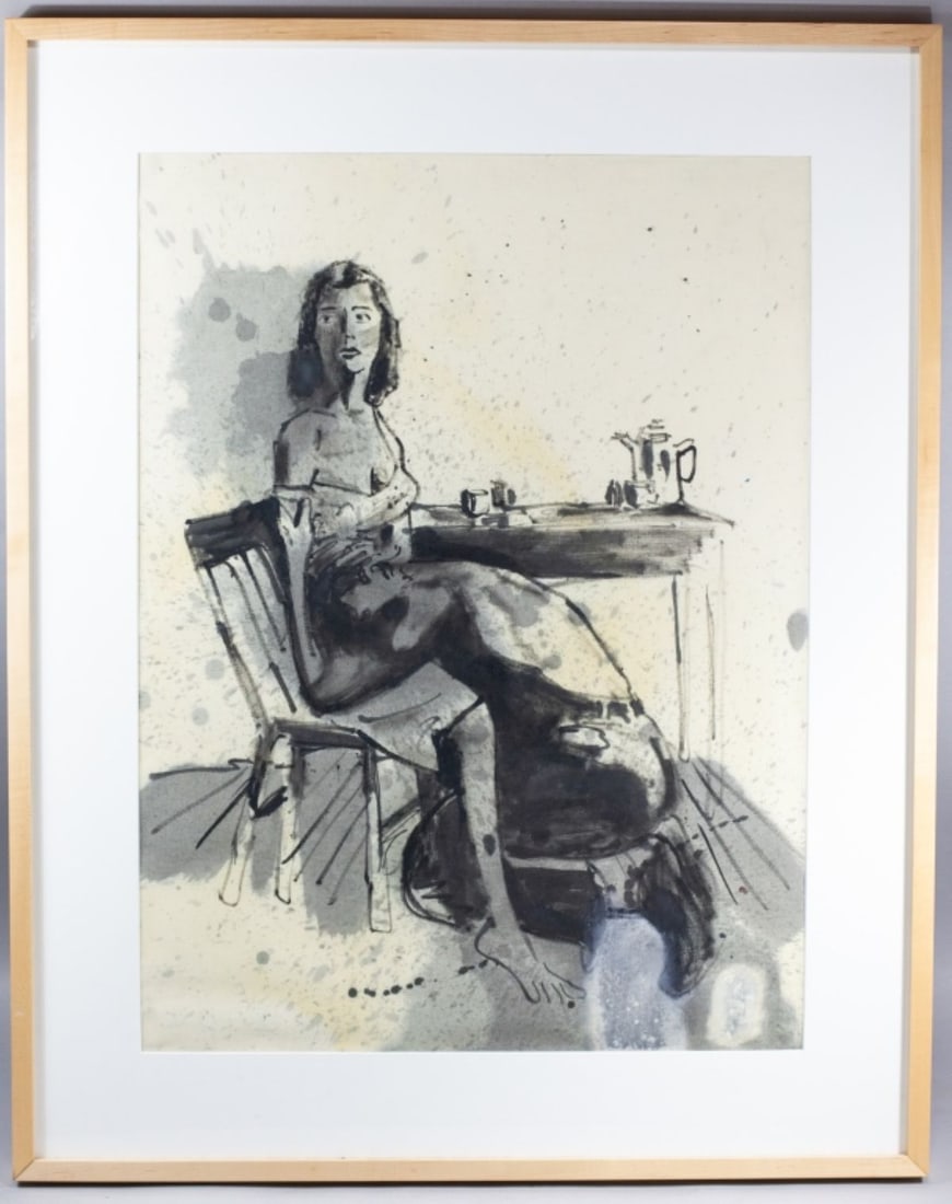 David Ostrowski (b. 1981) Germany Ink on Linen: David Ostrowski (b. 1981) Germany. Ink or oil on linen. Woman with Man at Table, 2007. Custom gallery solid maple wood frame. Good condition, framed measurements are approximately 40" x 32" and inside