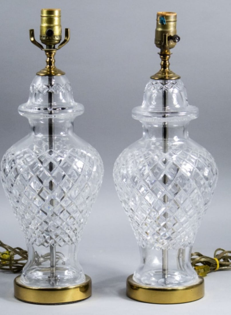 Pair Waterford Crystal ALANA Ginger Jar Lamps: Pair "Alana" pattern ginger jar lamps with acid etched "Waterford" marks in Gothic script. Brass bases with some surface age patina. Working; harps not included. Excellent condition. Crystal portion 1