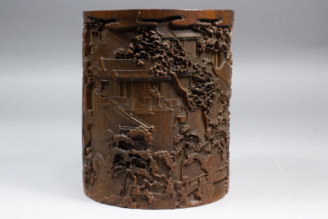 Chinese Bamboo Brush Pot carved Palace Scene (1 of 5)