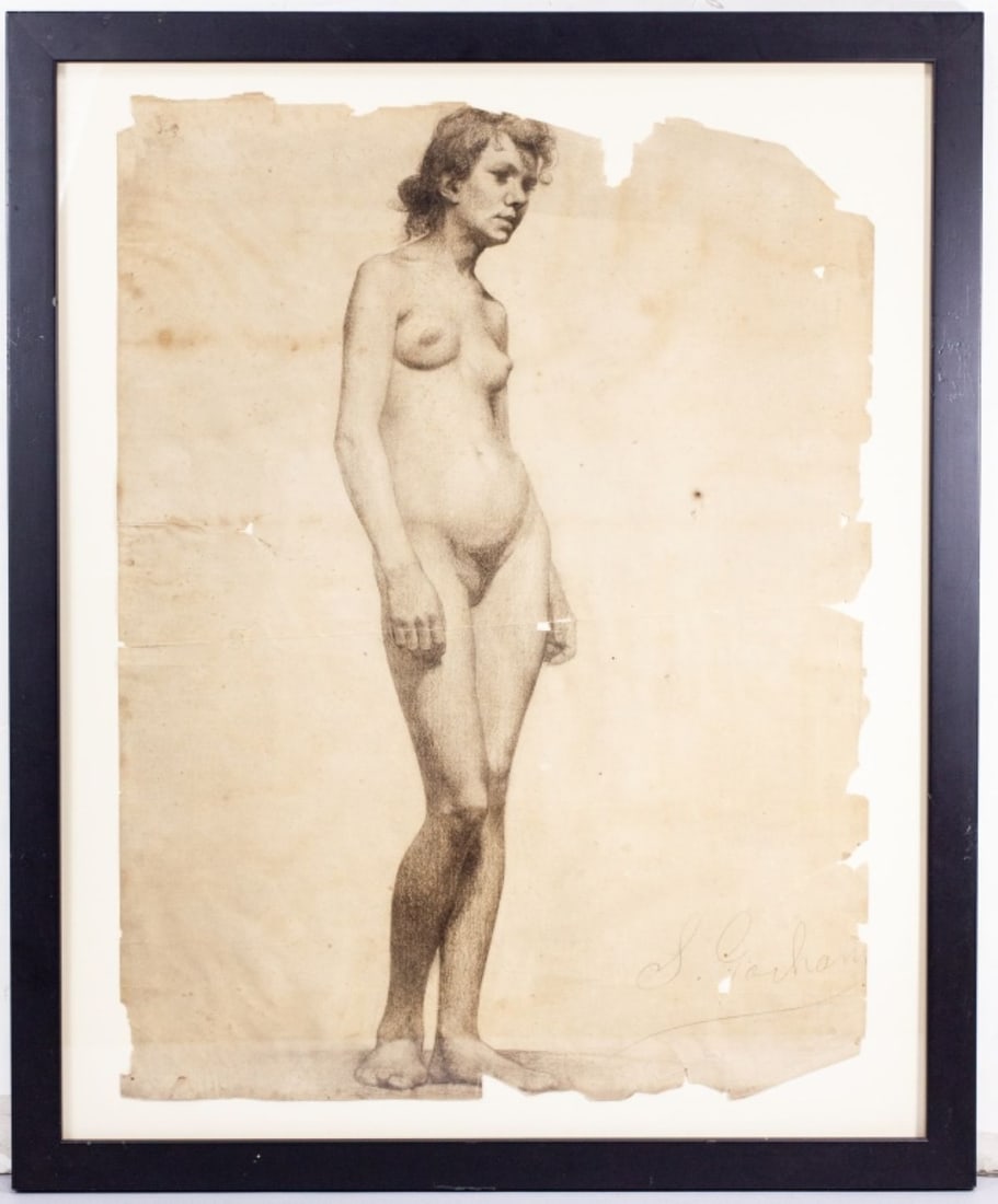 Antique Artist Model Nude Drawing Signed S. Gorham: Antique Artist Model Nude Drawing Signed S. Gorham. Possibly by Sidney Gorham (1870-1947 Kentucky / France). Signed lower right corner. Depicts a nude young woman in pencil outline with charcoal shadi