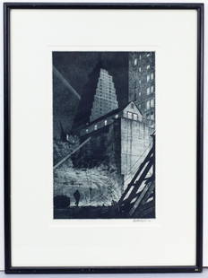 Martin Lewis "Building A Babylon" Etching, 1929: Martin Lewis (1881-1962 New York) "Building A Babylon (Tudor City, New York)" Etching, 1929. Edition of 100. Pencil signed and inscribed "IMP." at bottom right. Impression measures 13x8". Overall fram