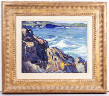 Paul Dougherty "Rocks and Surf" Oil on Board: Paul Dougherty (1877-1947 California/France) "Rocks and Surf" Oil on Board. Painting depicts rocky coastline with waves in an impasto style. Painting measures 13x16", overall framed dimensions of 22x2